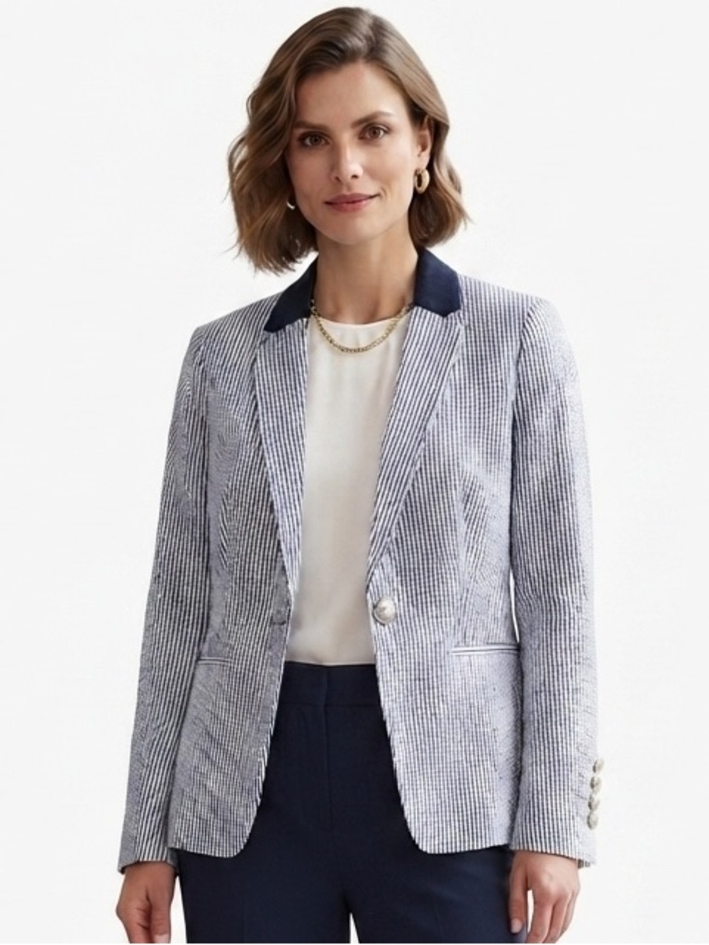 Mango MNG Suit Women's Size 6 Blue White Seersucker Striped Blazer Jacket